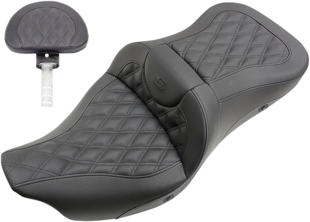 SADDLEMEN Roadsofa™ Seat - with Backrest - Full Lattice Stitch - Heated - FLH/FLT '08-'25 808-07B-182BRHC