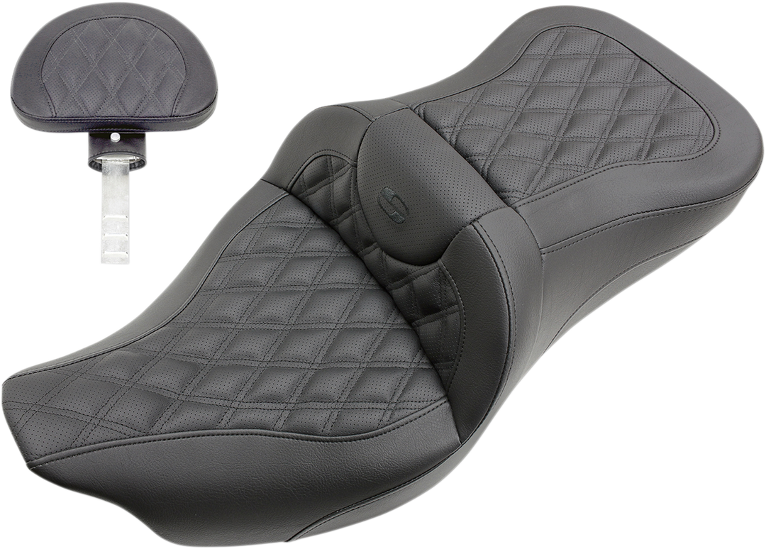 SADDLEMEN Roadsofa™ Seat - Full Lattice Stitch - with Backrest - Black - FL '09-'24 808-07B-182TBR