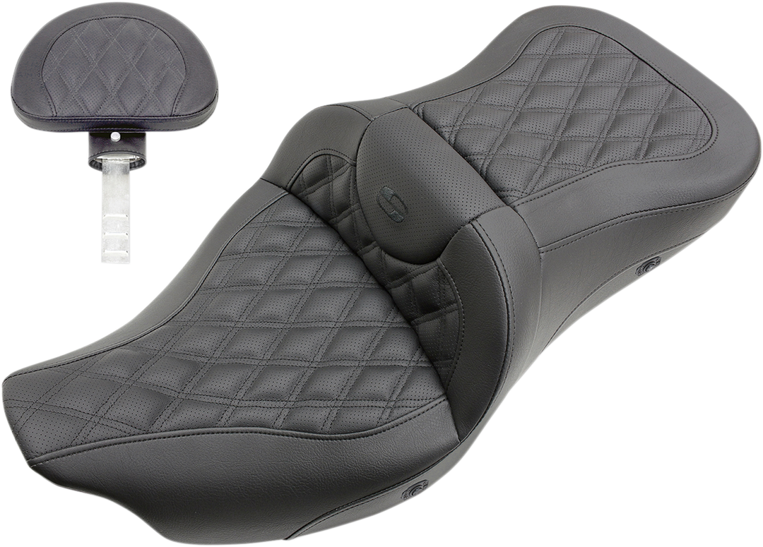 SADDLEMEN Roadsofa™ Seat - Heated - Full Lattice Stitch - with Backrest - Black - FL '09-'24 808-07B-182TBRH