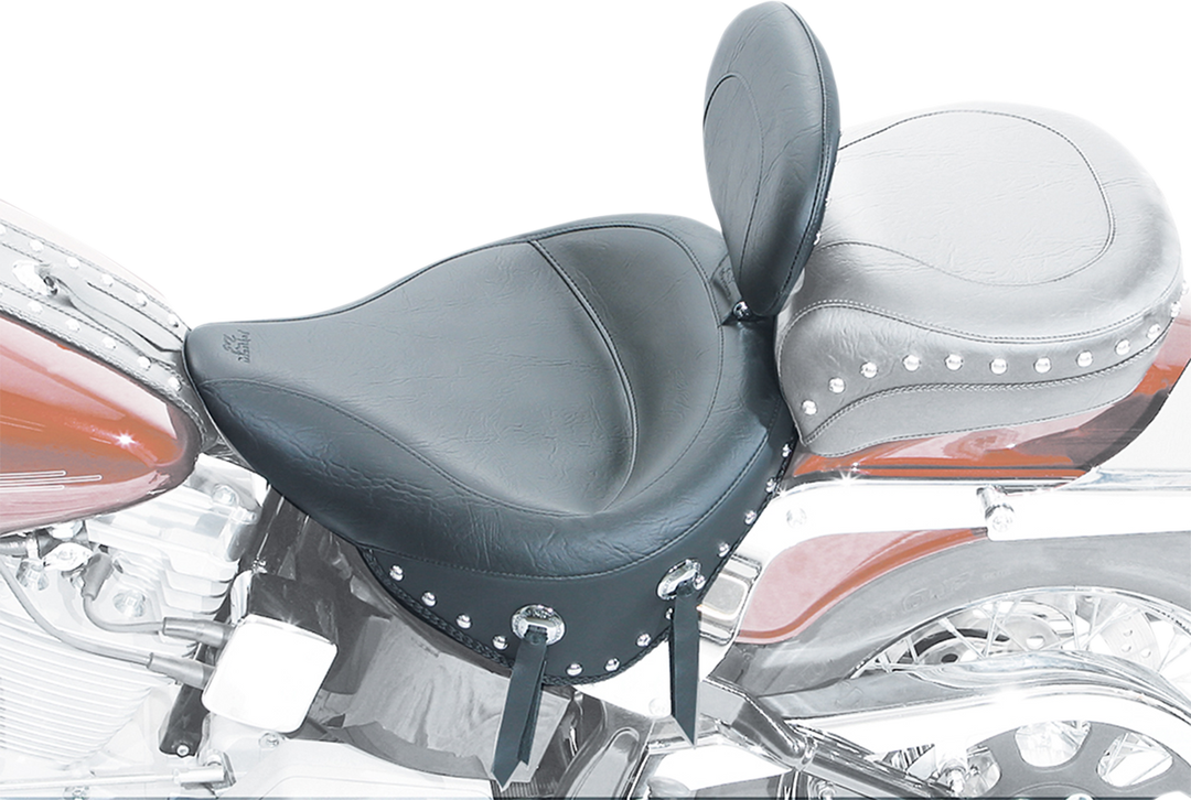 MUSTANG Wide Solo Seat - With Backrest - Black - Studded w/ Concho - Softail '84-'99 79104