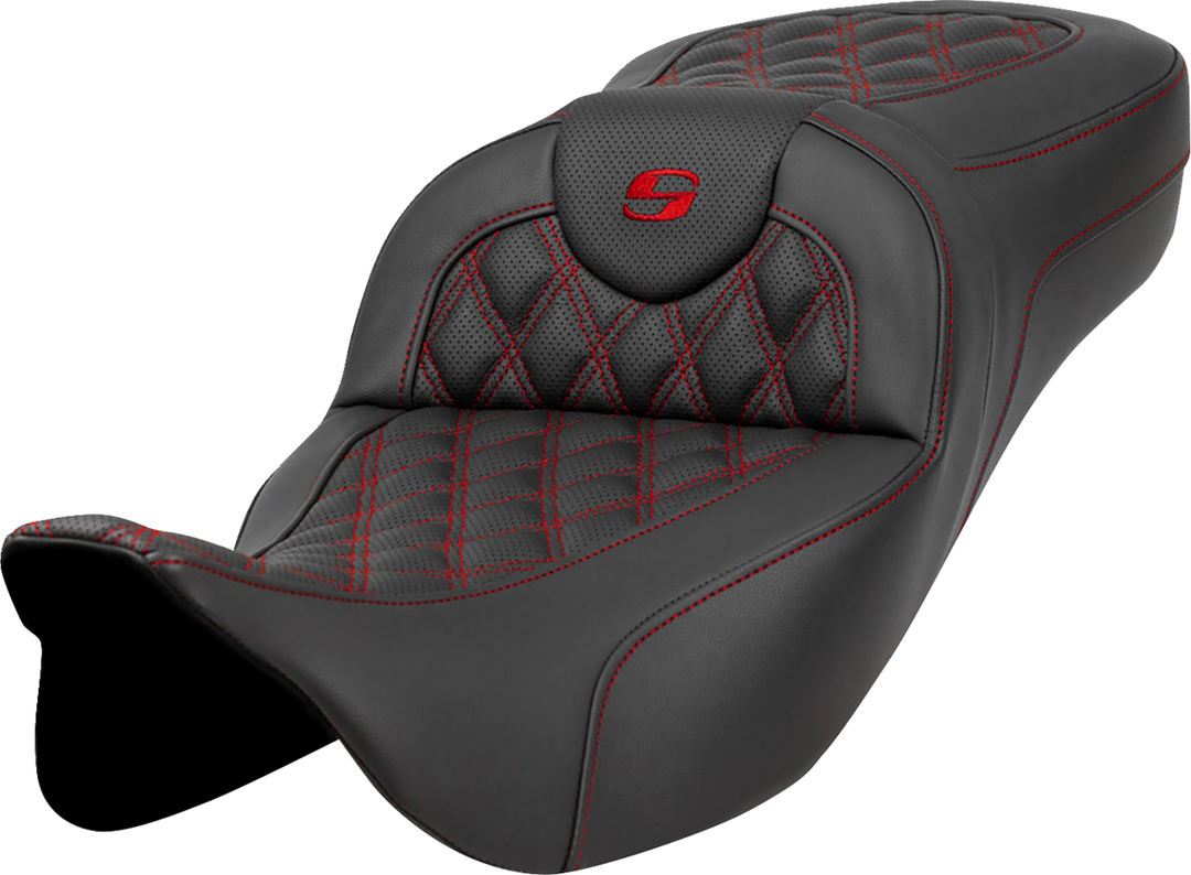 SADDLEMEN Extended Reach Roadsofa™ Seat - Lattice Stitch - Red Stitch - without Backrest - FL '08-'24 808-07B-18404