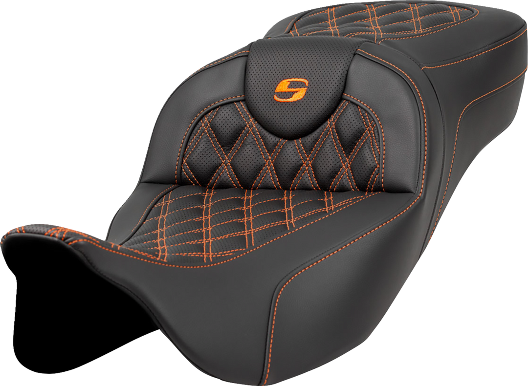 SADDLEMEN Extended Reach Roadsofa™ Seat - Lattice Stitch - Orange Stitch - without Backrest - FL '08-'24 808-07B-18403