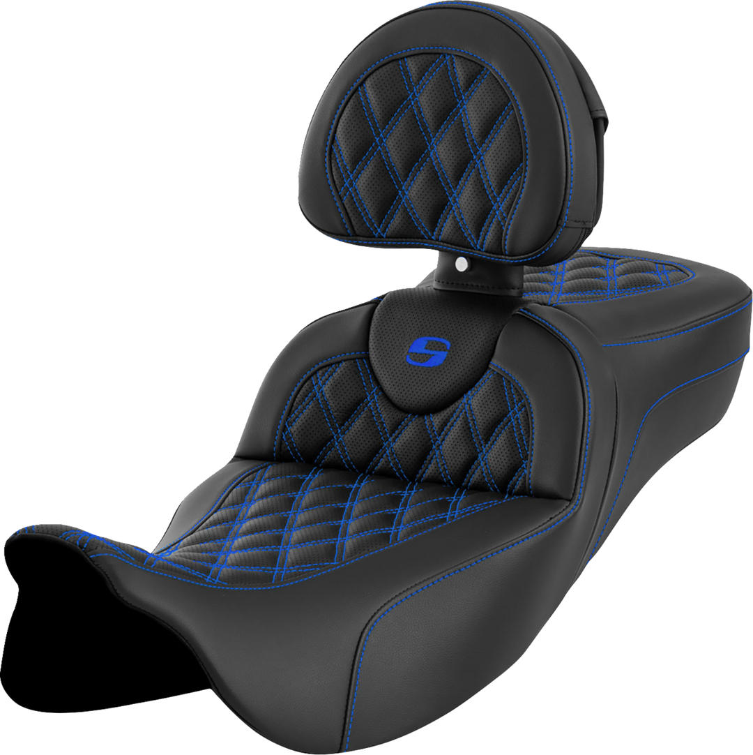 SADDLEMEN Roadsofa™ Extended Reach Seat - Lattice Stitch - Blue Stitch - with Backrest - FL '08-'24 808-07B-184B1