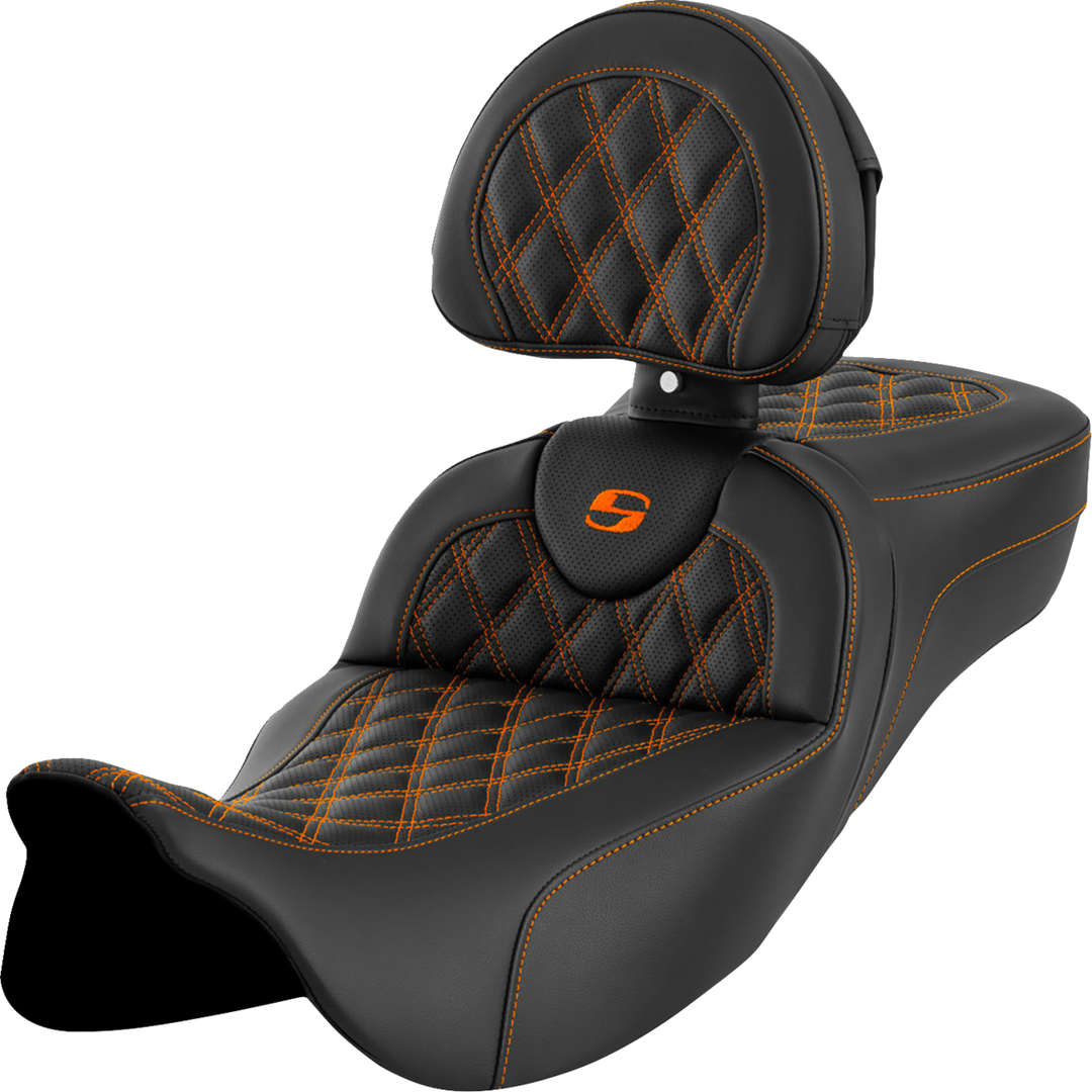 SADDLEMEN Roadsofa™ Extended Reach Seat - Lattice Stitch - Orange Stitch - with Backrest - FL '08-'24 808-07B-184B3