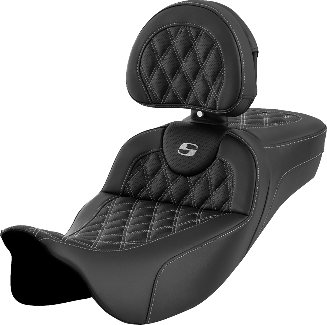 SADDLEMEN Roadsofa™ Extended Reach Seat - Lattice Stitch - Silver Stitch - with Backrest - FL '08-'24 808-07B-184B5