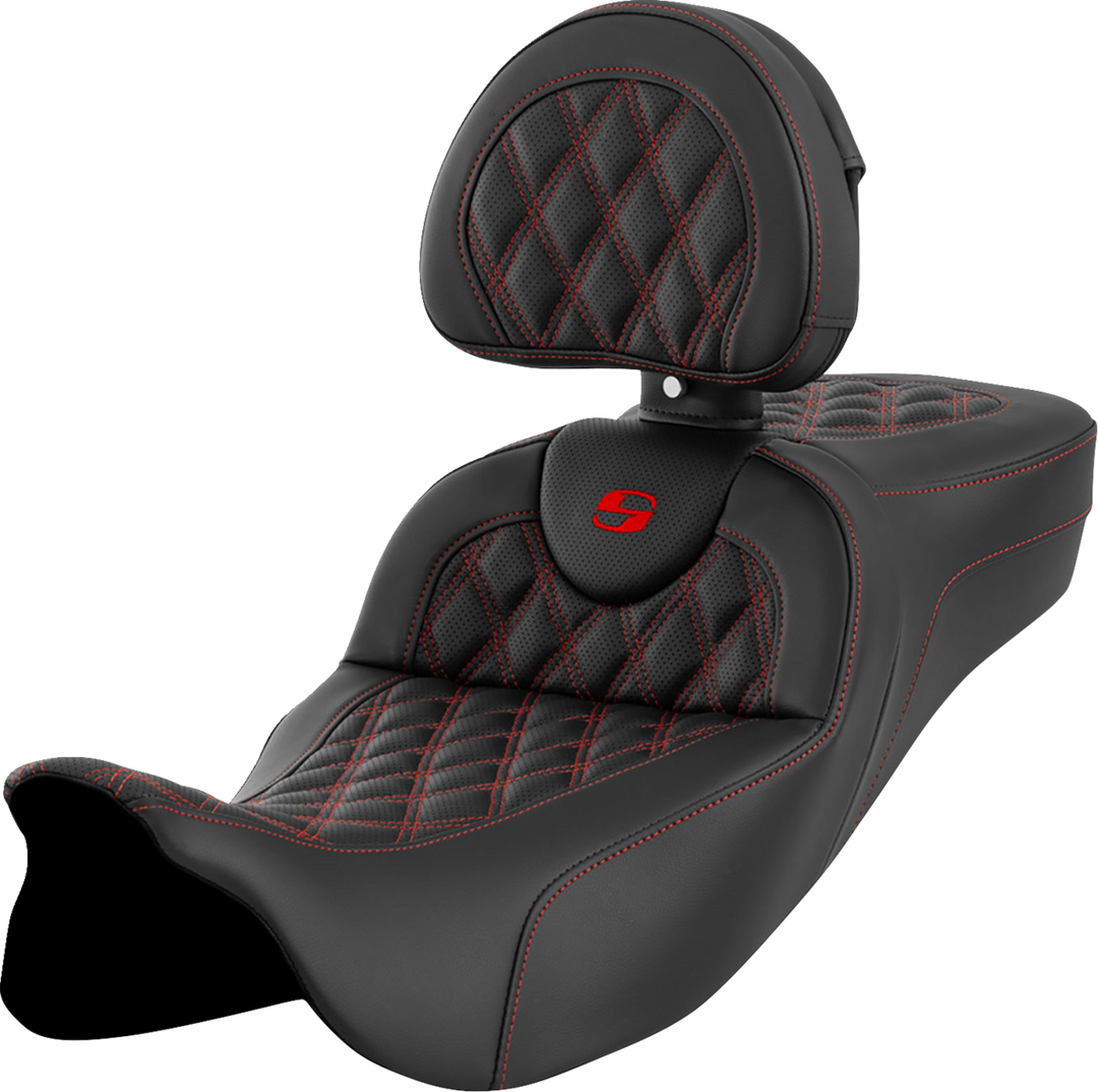 SADDLEMEN Roadsofa™ Extended Reach Seat - Lattice Stitch - Red Stitch - with Backrest - FL '08-'24 808-07B-184B4