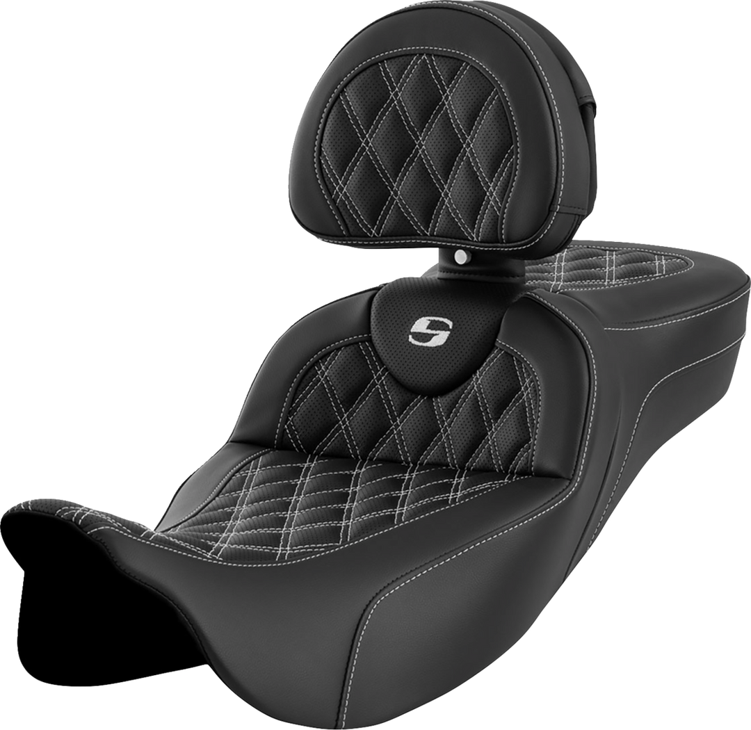 SADDLEMEN Roadsofa™ Extended Reach Seat - Lattice Stitch - White Stitch - with Backrest - FL '08-'24 808-07B-184B6