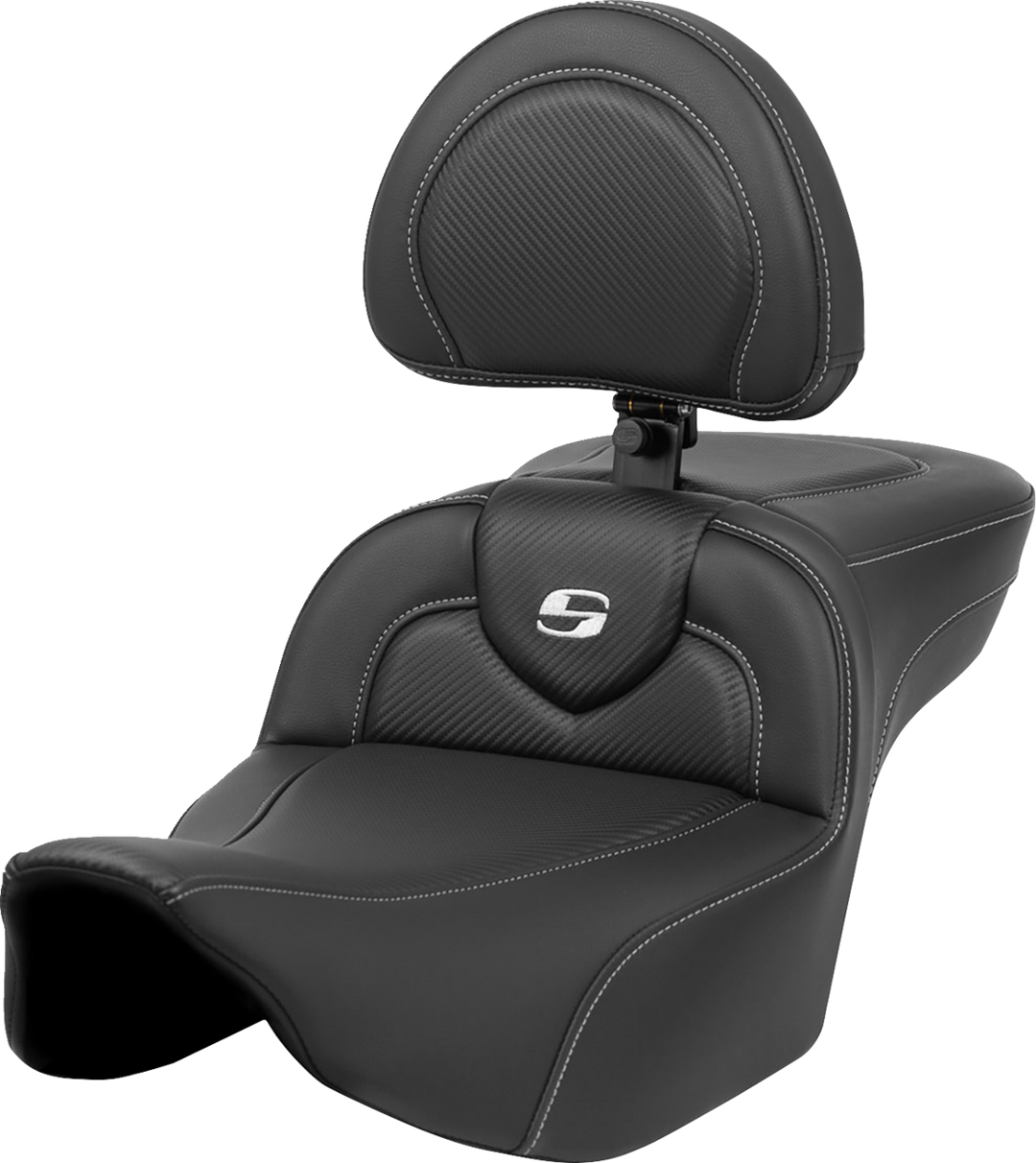 SADDLEMEN Roadsofa™ Extended Reach Seat - Carbon Fiber - Silver Stitch/Silver Logo - w/ Backrest - FL '23-'24 823-07-186BR