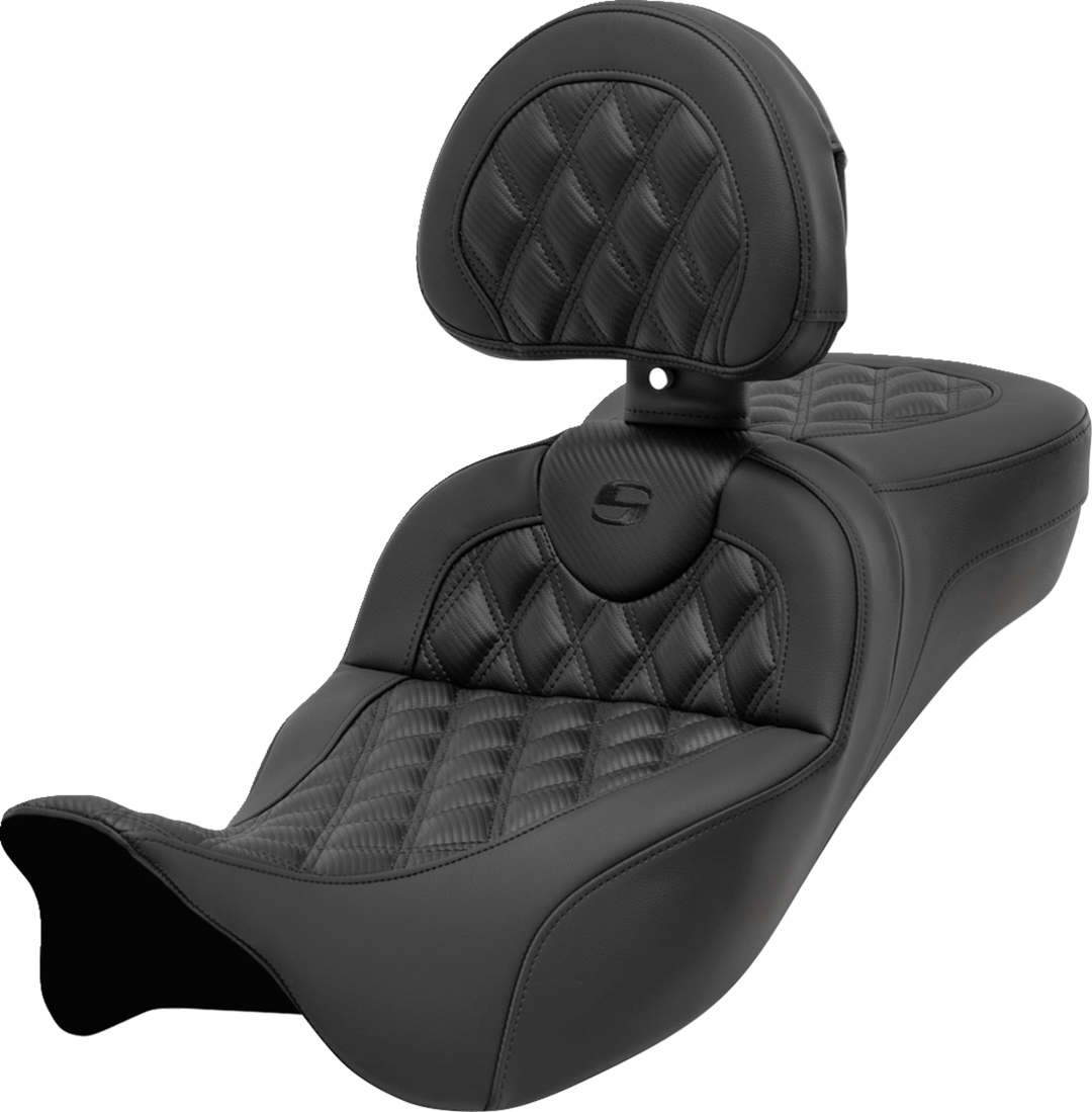 SADDLEMEN Roadsofa™ Extended Reach Seat - with Backrest - Lattice Stitch - Carbon Fiber - FL '08-'24 808-07B-207B0