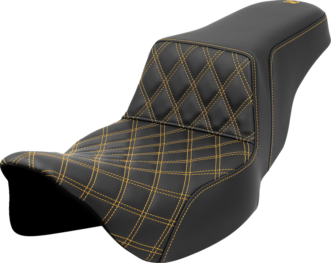 SADDLEMEN Step-Up Seat - Front Lattice Stitch - Gold Stitch - Extended Reach - FLH/FLT '08-'23 808-07E-17207