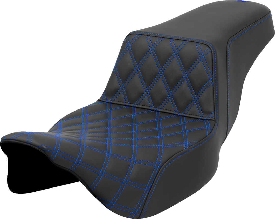 SADDLEMEN Step-Up Seat - Front Lattice Stitch - Blue Stitch - Extended Reach - FLH/FLT '08-'23 808-07E-17201