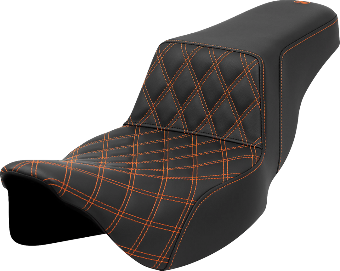 SADDLEMEN Step-Up Seat - Front Lattice Stitch - Orange Stitch - Extended Reach - FLH/FLT '08-'23 808-07E-17203