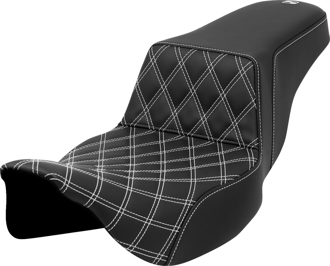 SADDLEMEN Step-Up Seat - Front Lattice Stitch - White Stitch - Extended Reach - FLH/FLT '08-'23 808-07E-17206