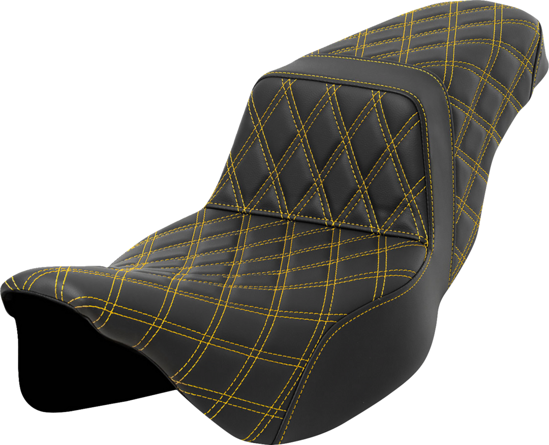 SADDLEMEN Step-Up Seat - Lattice Stitch - Gold Stitch - Extended Reach - FLH/FLT '08-'23 808-07E-17507