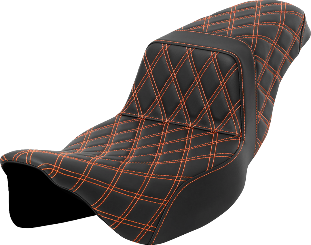 SADDLEMEN Step-Up Seat - Lattice Stitch - Orange Stitch - Extended Reach - FLH/FLT '08-'23 808-07E-17503