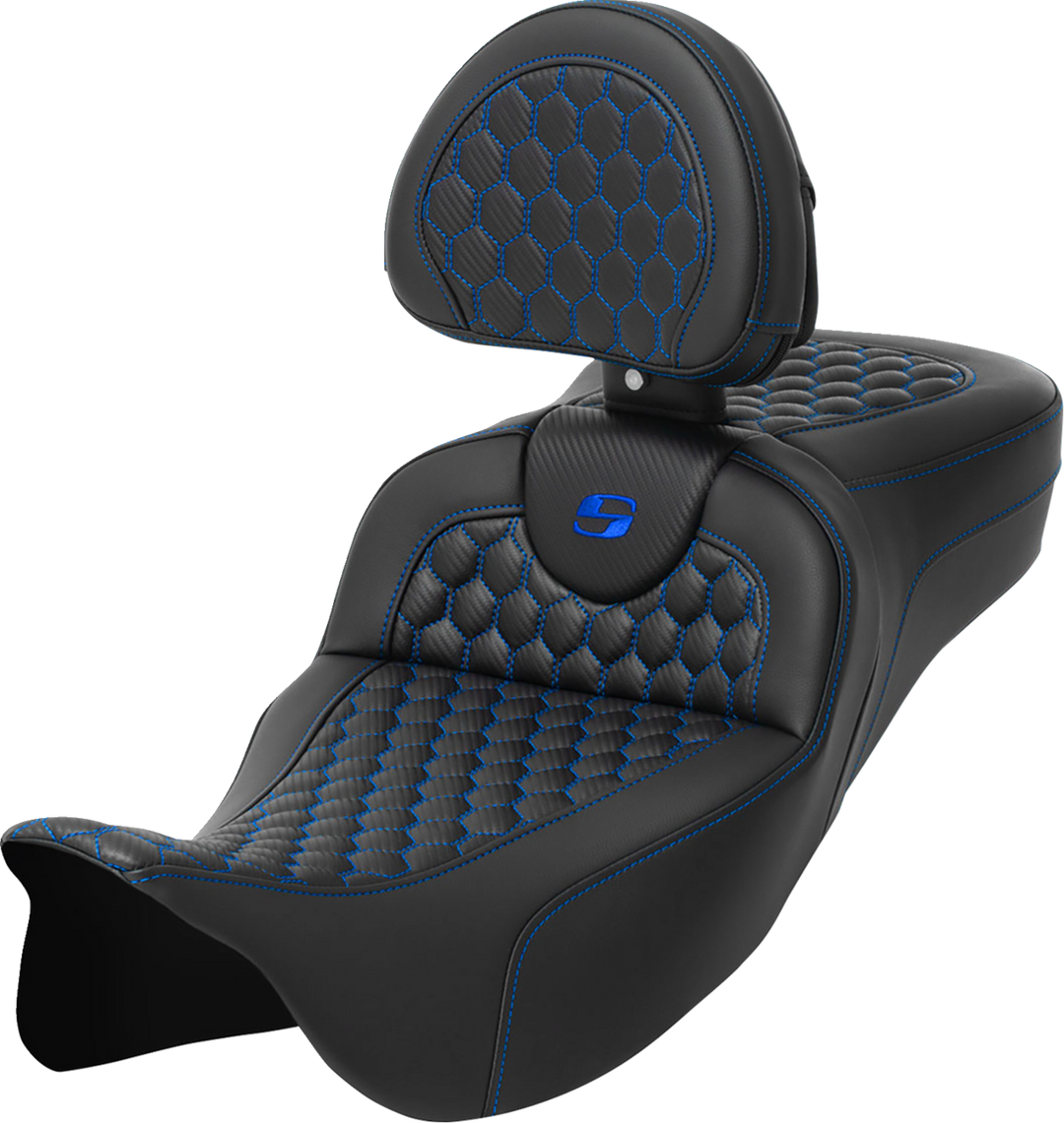 SADDLEMEN RoadSofa Seat - Honeycomb - Blue Stitch - with Backrest - Extended Reach - FLH/FLT '08-'23 - 808-07B-190B1