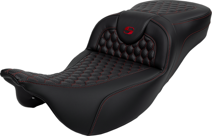 SADDLEMEN RoadSofa Seat - Honeycomb - Red Stitch - Extended Reach - without Backrest - FLH/FLT '08-'23 - 808-07B-19004