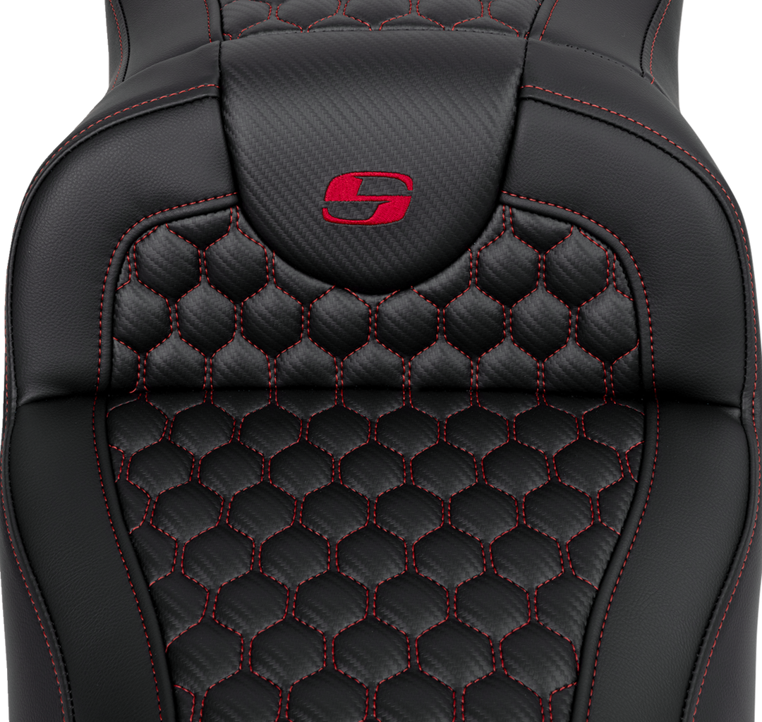 SADDLEMEN RoadSofa Seat - Honeycomb - Red Stitch - Extended Reach - without Backrest - FLH/FLT '08-'23 - 808-07B-19004