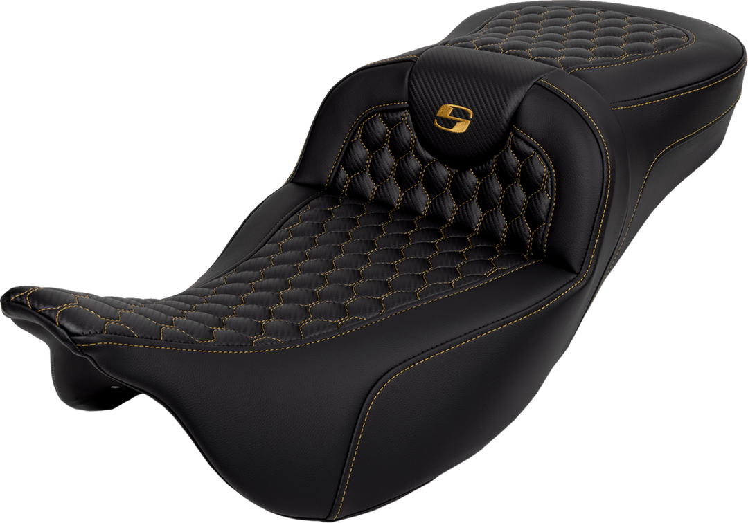 SADDLEMEN RoadSofa Seat - Honeycomb - Gold Stitch - Extended Reach - without Backrest - FLH/FLT '08-'23 - 808-07B-19007