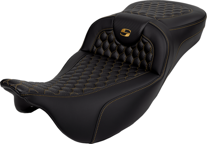 SADDLEMEN RoadSofa Seat - Honeycomb - Gold Stitch - Extended Reach - without Backrest - FLH/FLT '08-'23 - 808-07B-19007