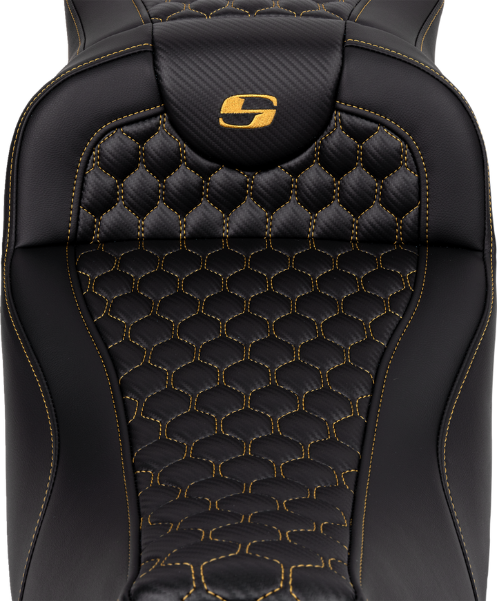SADDLEMEN RoadSofa Seat - Honeycomb - Gold Stitch - Extended Reach - without Backrest - FLH/FLT '08-'23 - 808-07B-19007