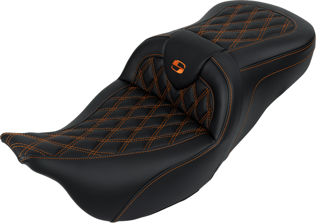 SADDLEMEN Roadsofa™ Seat - with Backrest - Orange Stitch - FL '08-'23 808-07B-182B3