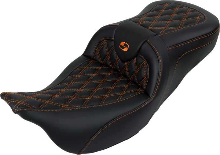SADDLEMEN Roadsofa™ Seat - with Backrest - Orange Stitch - FL '08-'23 808-07B-182B3