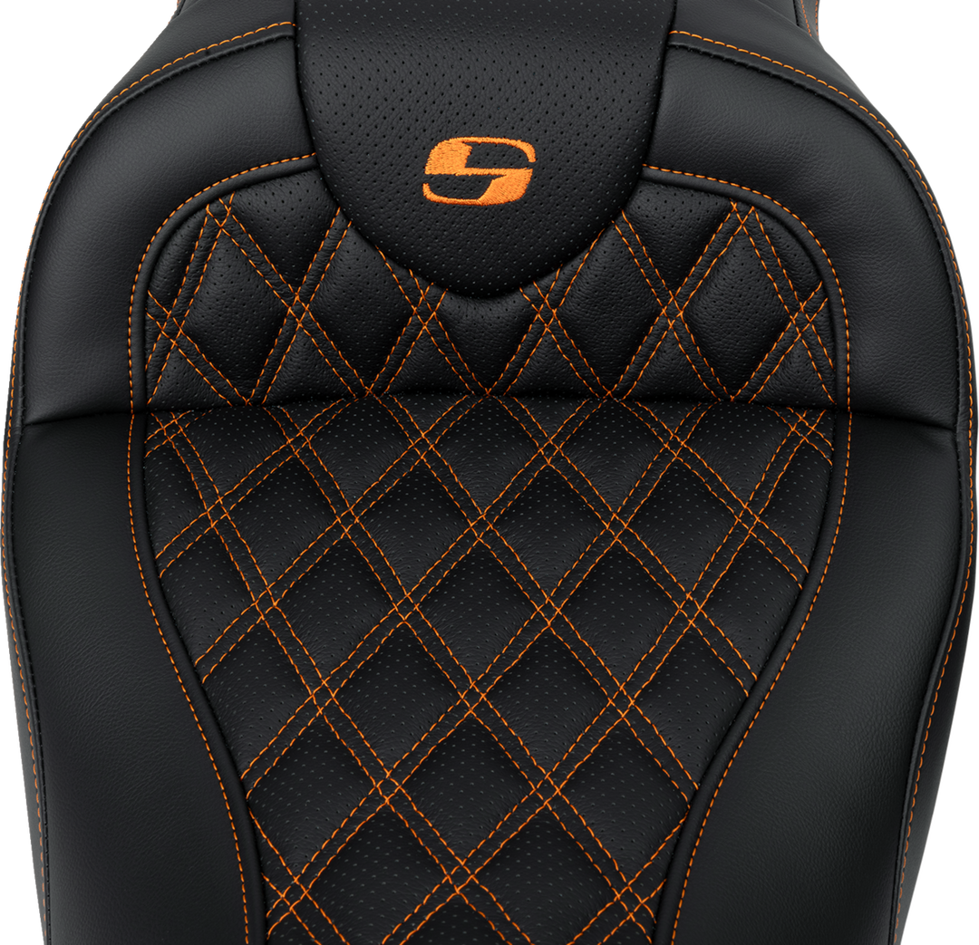SADDLEMEN Roadsofa™ Seat - with Backrest - Orange Stitch - FL '08-'23 808-07B-182B3