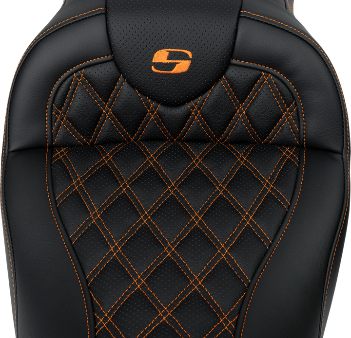 SADDLEMEN Roadsofa™ Seat - with Backrest - Orange Stitch - FL '08-'23 808-07B-182B3
