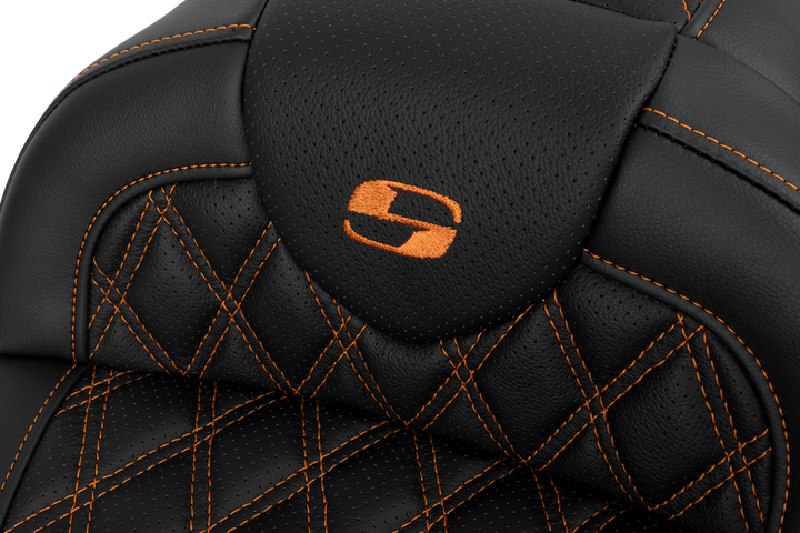 SADDLEMEN Roadsofa™ Seat - with Backrest - Orange Stitch - FL '08-'23 808-07B-182B3