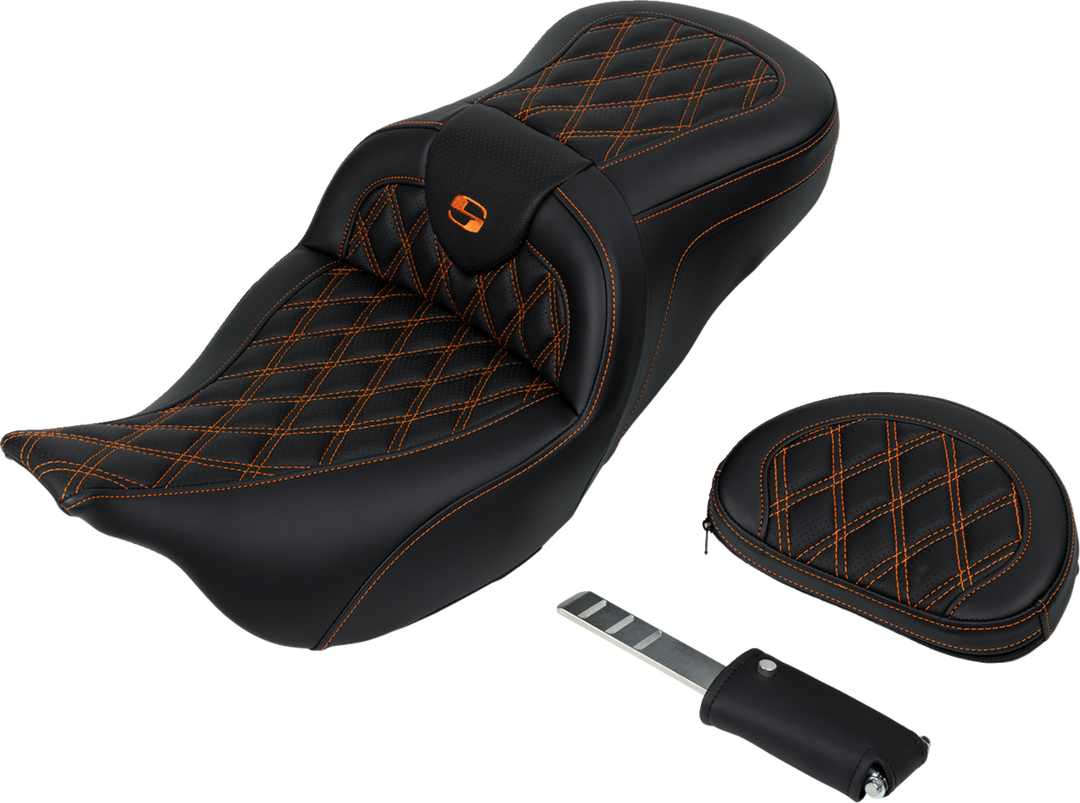 SADDLEMEN Roadsofa™ Seat - with Backrest - Orange Stitch - FL '08-'23 808-07B-182B3