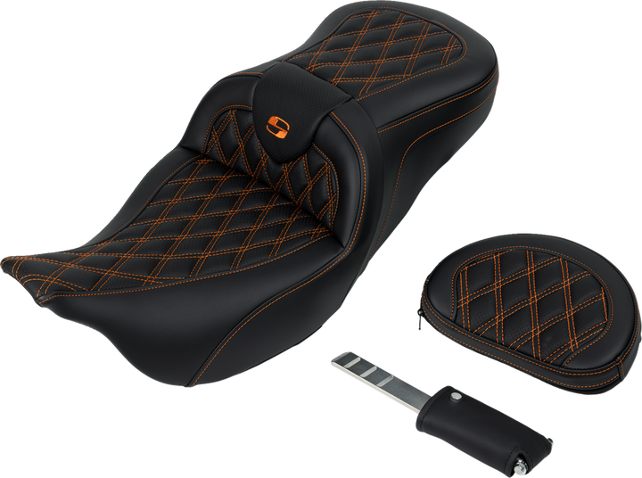 SADDLEMEN Roadsofa™ Seat - with Backrest - Orange Stitch - FL '08-'23 808-07B-182B3