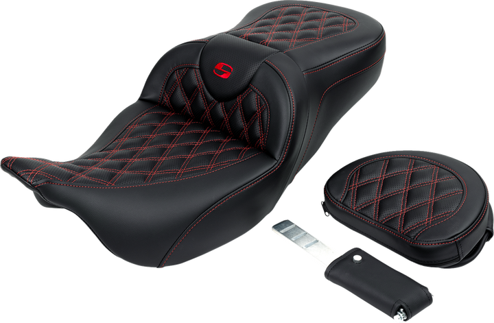 SADDLEMEN Roadsofa™ Seat - with Backrest - Red Stitch - FL '08-'23 808-07B-182B4
