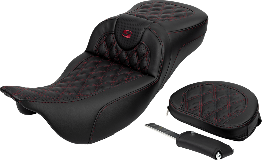 SADDLEMEN Roadsofa™ Extended Reach Seat - Lattice Stitch - Wine Berry Stitch - with Backrest - FL '08-'24 808-07B-184B8