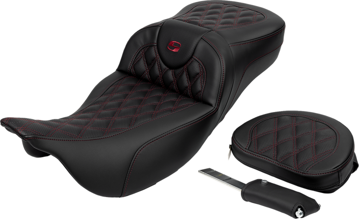 SADDLEMEN Roadsofa™ Extended Reach Seat - Lattice Stitch - Wine Berry Stitch - with Backrest - FL '08-'24 808-07B-184B8
