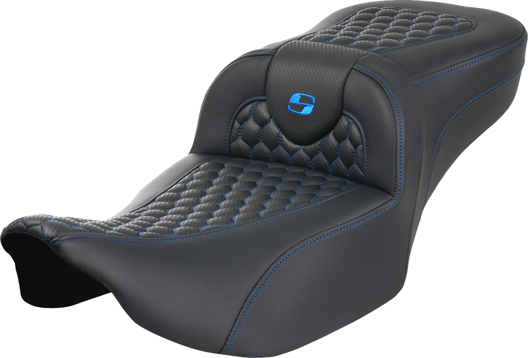 SADDLEMEN Roadsofa Extended Reach Seat - without Backrest - Honeycomb - Blue Stitch - FLTR/FLHX '23-'24 - 823-07-19001