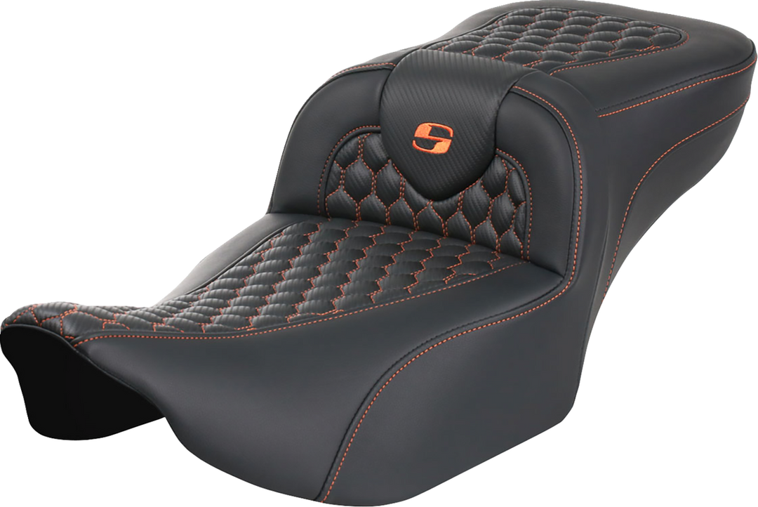 SADDLEMEN Roadsofa Extended Reach Seat - without Backrest - Honeycomb - Orange Stitch - FLTR/FLHX '23-'24 - 823-07-19003