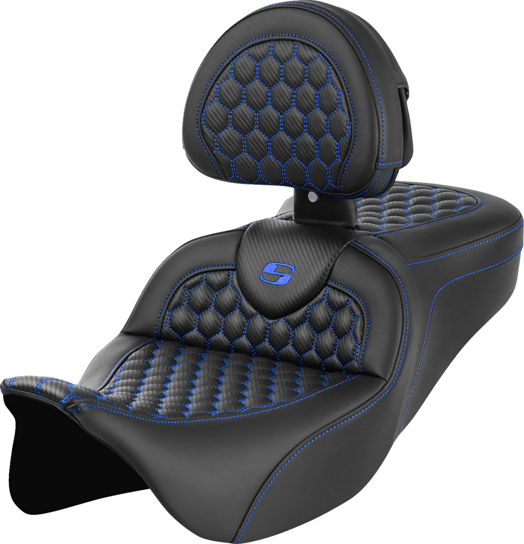 SADDLEMEN RoadSofa Seat - Honeycomb - Blue Stitch - with Backrest - FLH/FLT '08-'23 - 808-07B-189B1