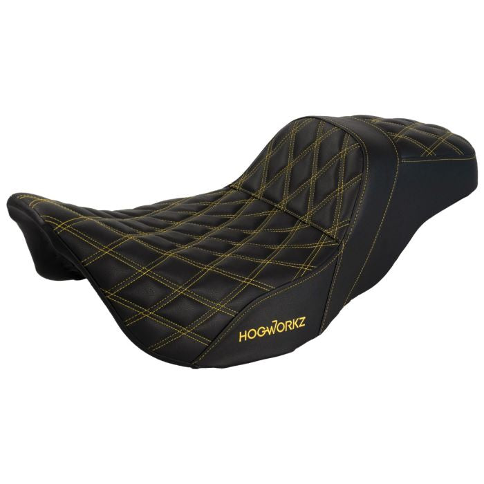HogWorkz Rise Up Seat for Harley® Touring '08-'23 (Diamond / Gold Stitch) - HW122005
