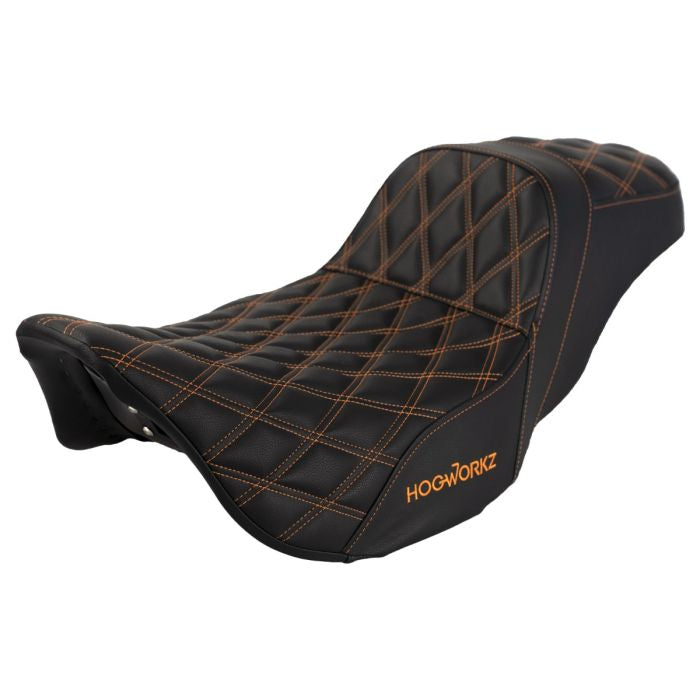 HogWorkz Rise Up Seat for Harley® Touring '08-'23 (Diamond / Orange Stitch) - HW122006