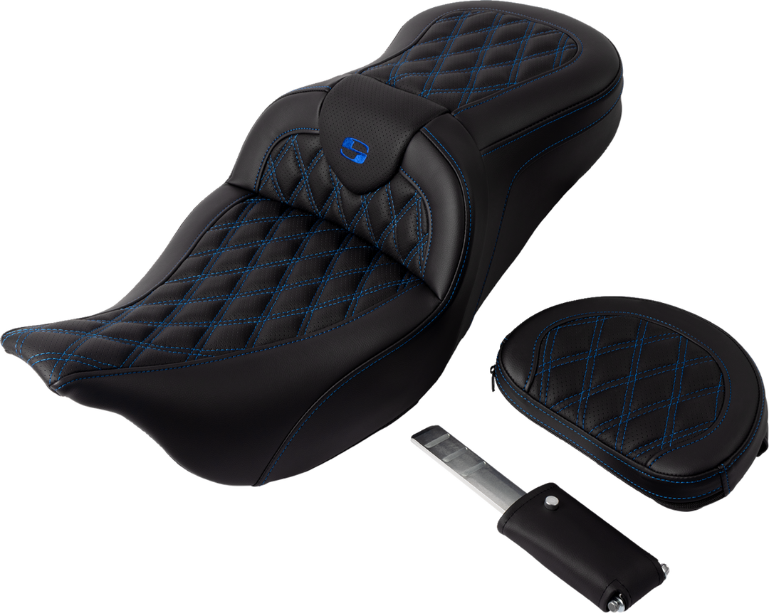 SADDLEMEN Roadsofa™ Seat - with Backrest - Blue Stitch - FL '08-'23 808-07B-182B1