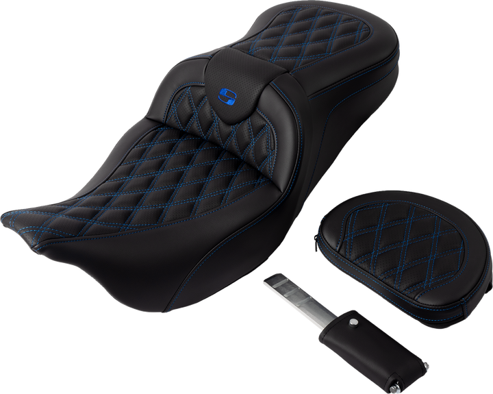 SADDLEMEN Roadsofa™ Seat - with Backrest - Blue Stitch - FL '08-'23 808-07B-182B1