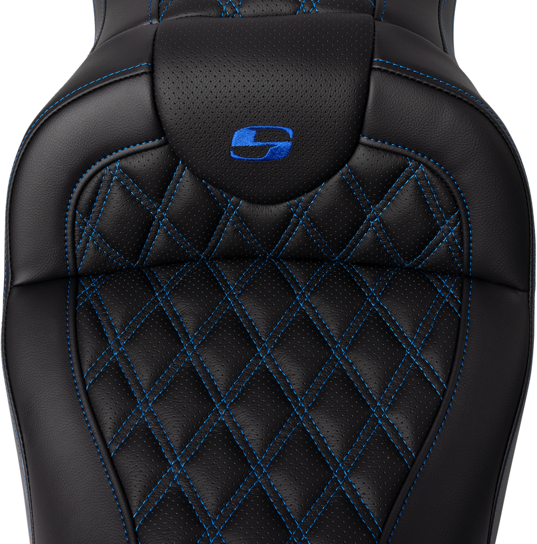 SADDLEMEN Roadsofa™ Seat - with Backrest - Blue Stitch - FL '08-'23 808-07B-182B1