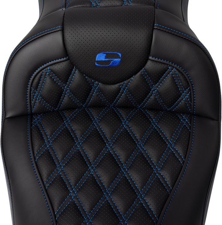 SADDLEMEN Roadsofa™ Seat - with Backrest - Blue Stitch - FL '08-'23 808-07B-182B1