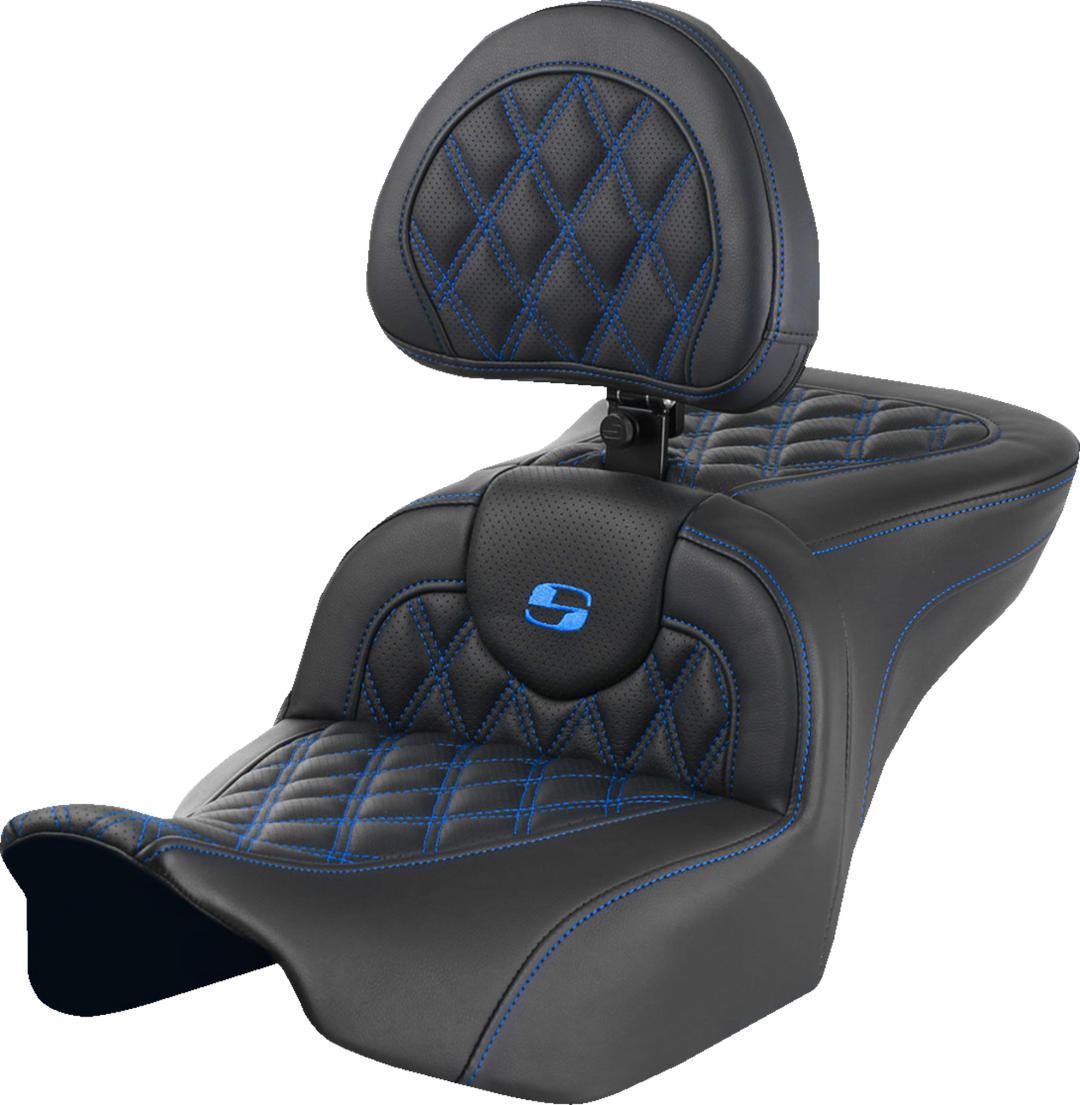 SADDLEMEN RoadSofa™ Seat - with Backrest - Lattice Stitch - Blue Stitch - FLTR/FLHX '23-'24 823-07-182B1