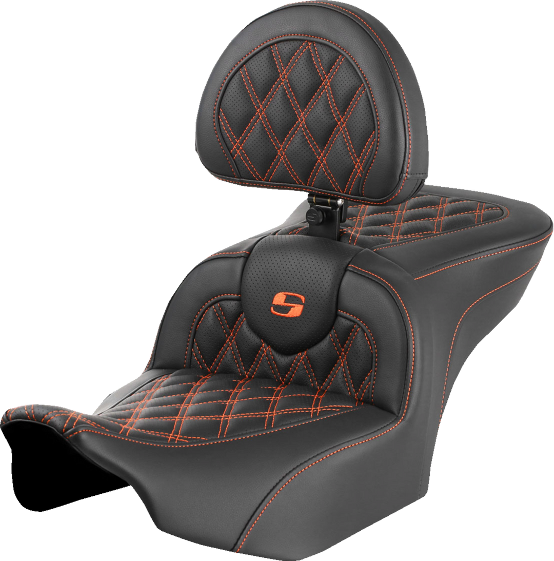 SADDLEMEN RoadSofa™ Seat - with Backrest - Lattice Stitch - Orange Stitch - FLTR/FLHX '23-'24 823-07-182B3