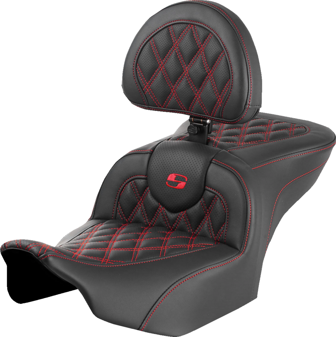 SADDLEMEN RoadSofa™ Seat - with Backrest - Lattice Stitch - Red Stitch - FLTR/FLHX '23-'24 823-07-182B4