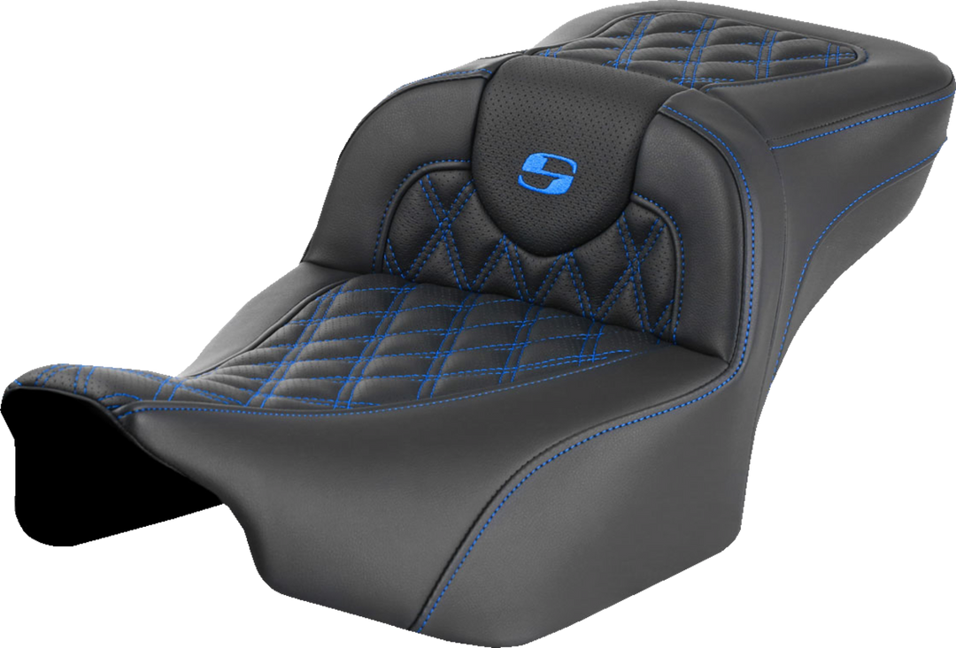 SADDLEMEN Roadsofa™ Extended Reach Seat - without Backrest - Lattice Stitch - Blue Stitch - FLTR/FLHX '23-'24 823-07-18401