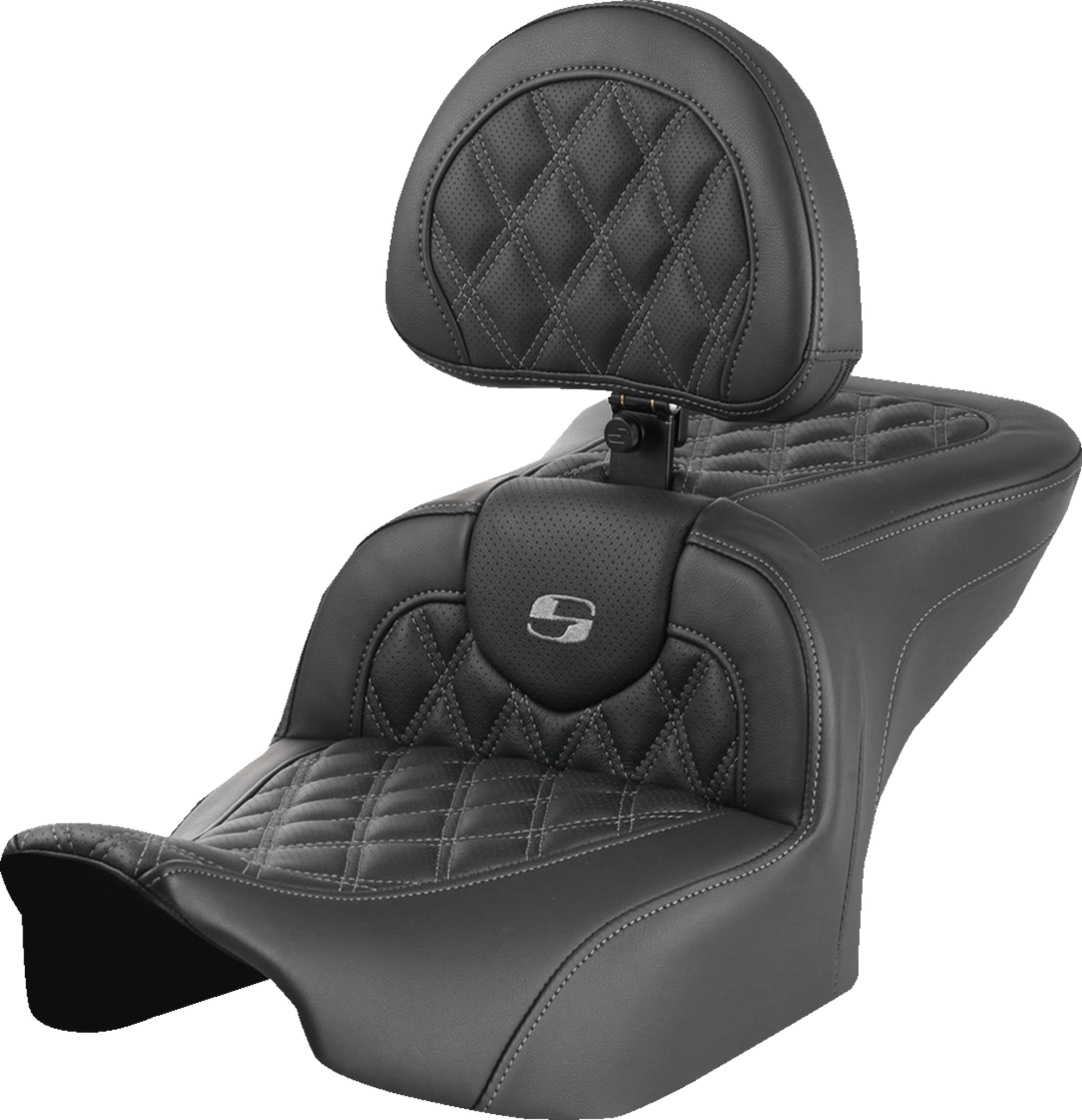 SADDLEMEN RoadSofa™ Seat - with Backrest - Lattice Stitch - Gray Stitch - FLTR/FLHX '23-'24 823-07-182B2