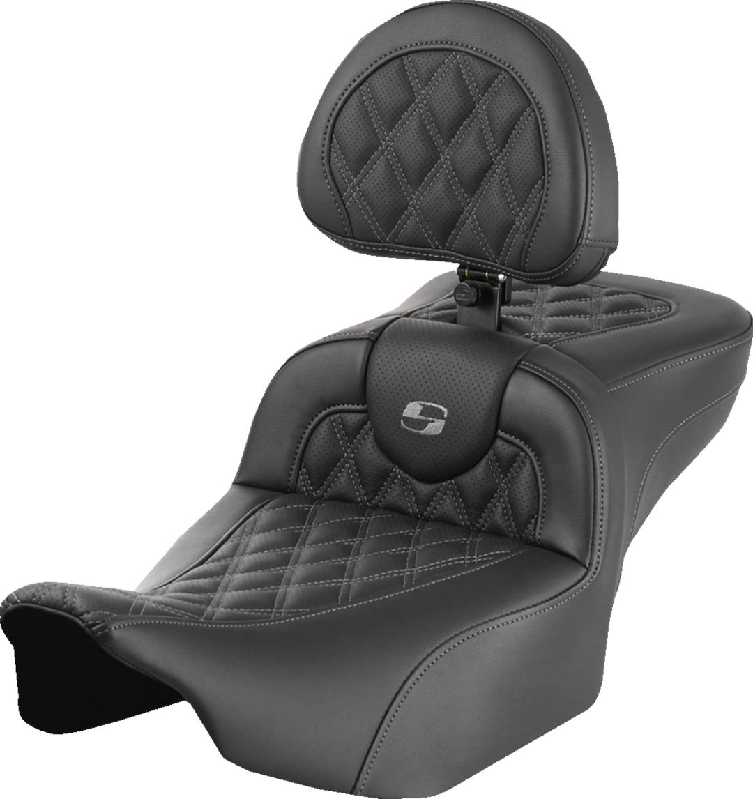 SADDLEMEN Roadsofa™ Extended Reach Seat - with Backrest - Lattice Stitch - Gray Stitch - FLTR/FLHX '23-'24 823-07-184B2